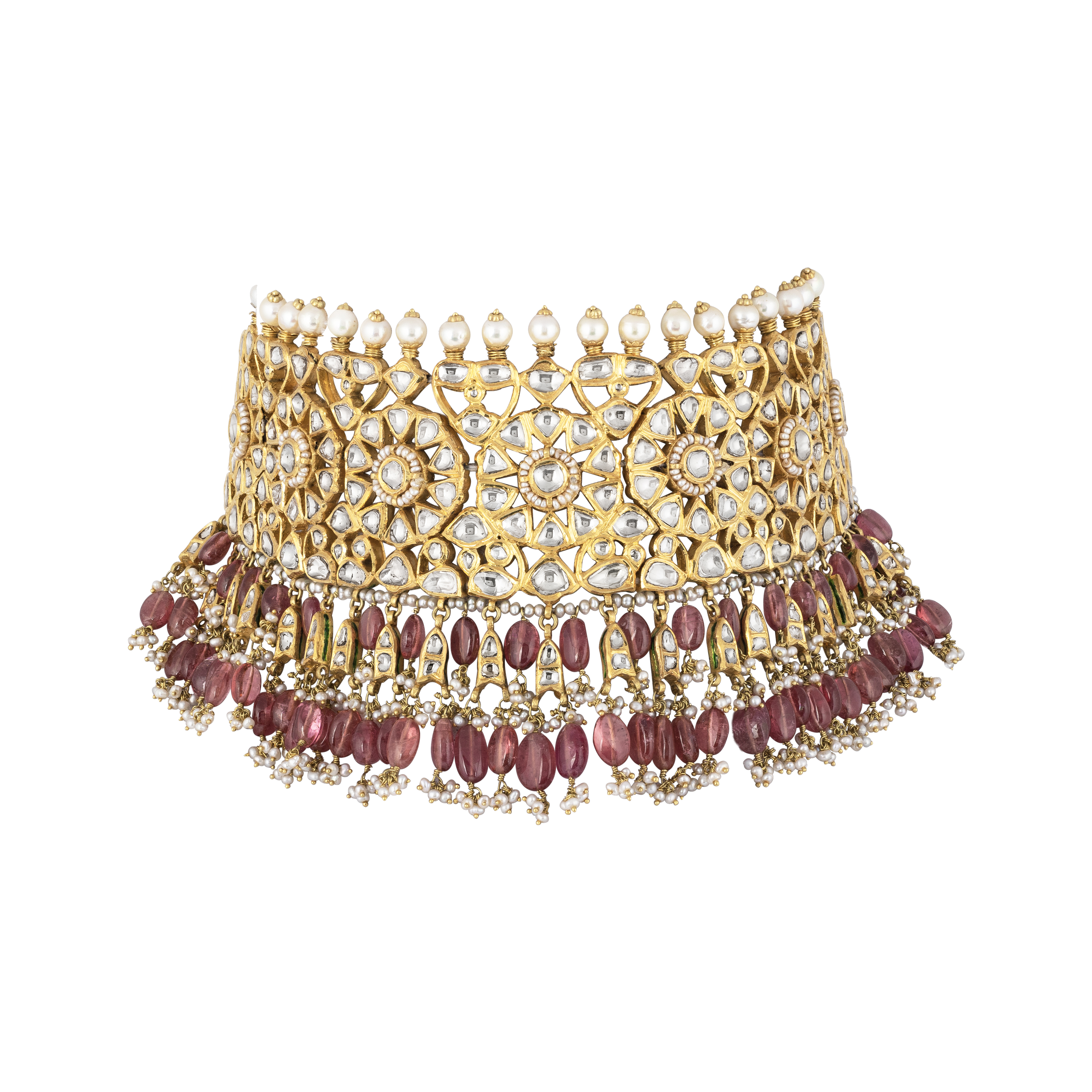 Polki Diamond Choker & Earrings with Pink Tourmaline Drops